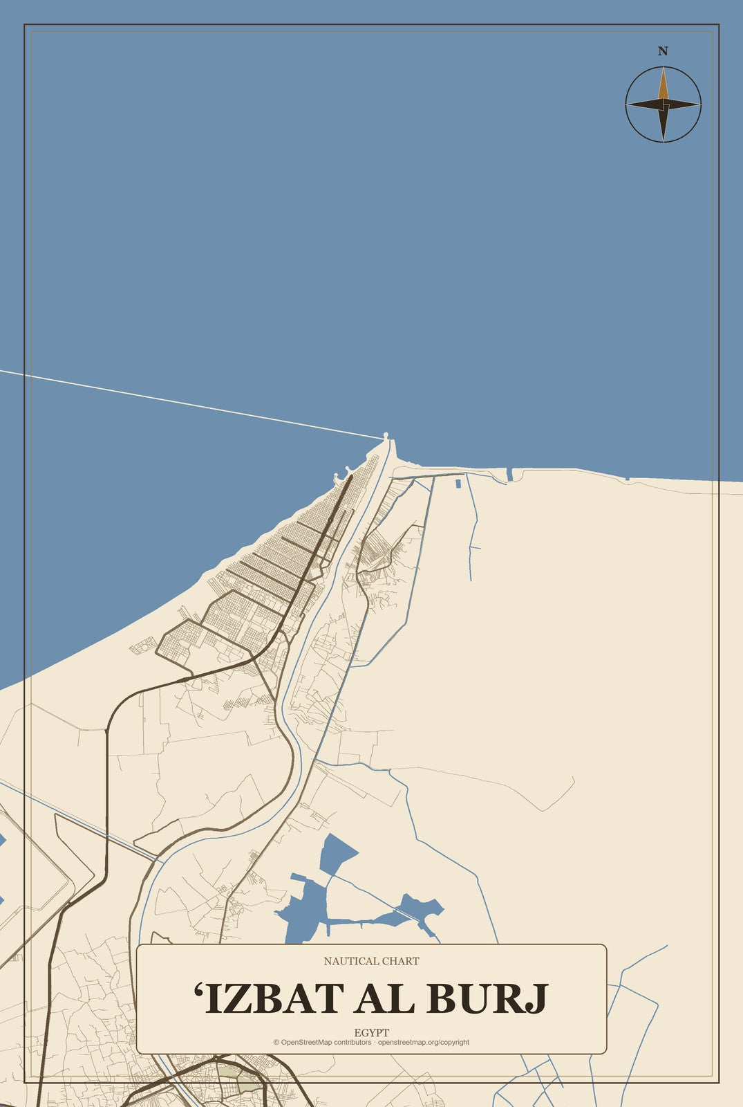 ‘Izbat al Burj, Egypt City Map Aluminum Sign in Heritage Nautical style