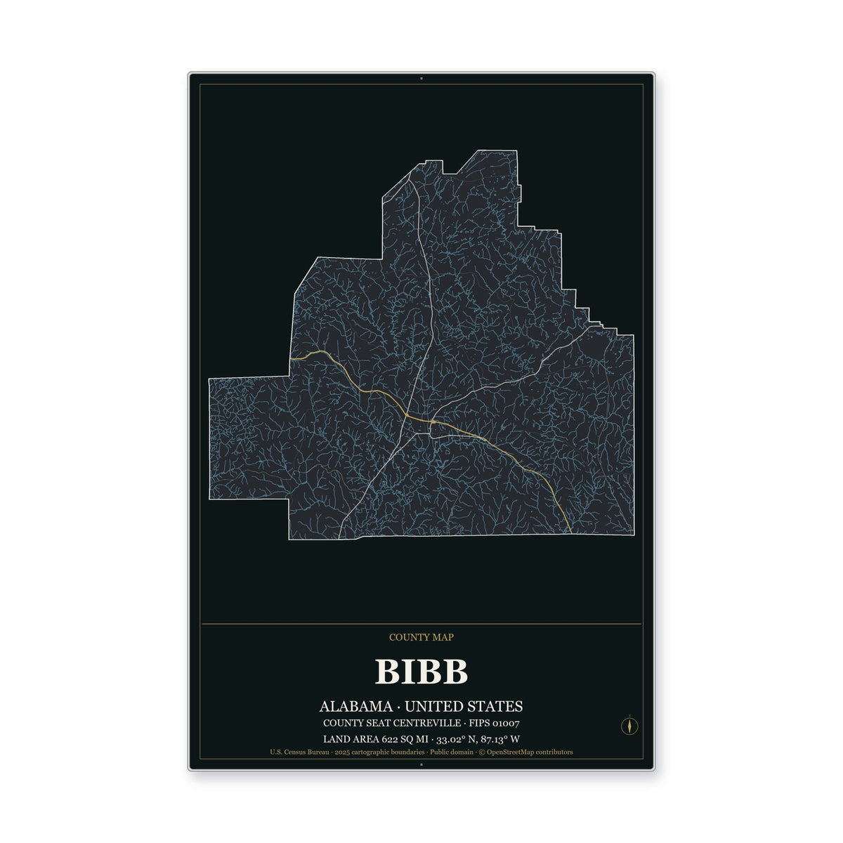 Bibb County, Alabama Map Aluminum Sign in Metropolitan Noir style
