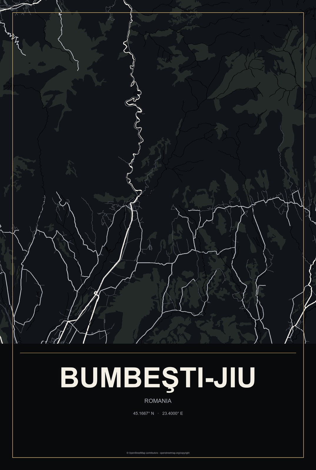 Bumbeşti-Jiu, Romania City Map Aluminum Sign in Metropolitan Noir style