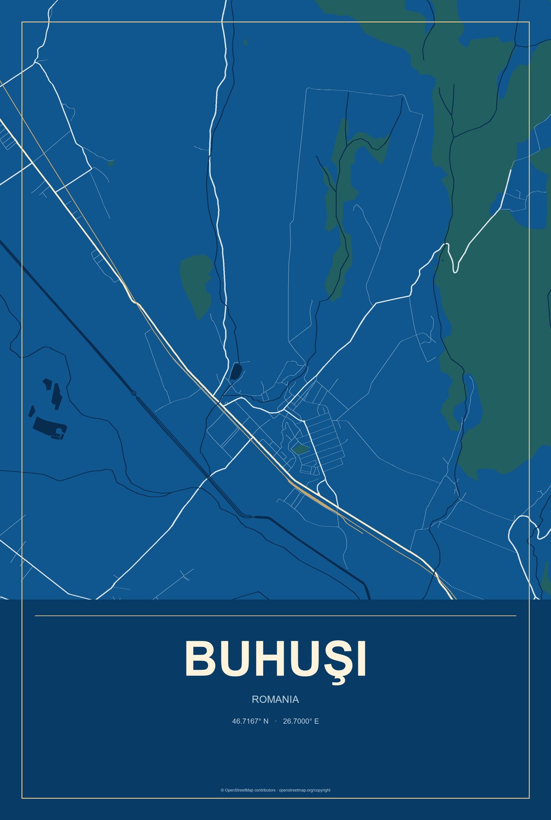 Buhuşi, Romania City Map Aluminum Sign in Harbor Cobalt style