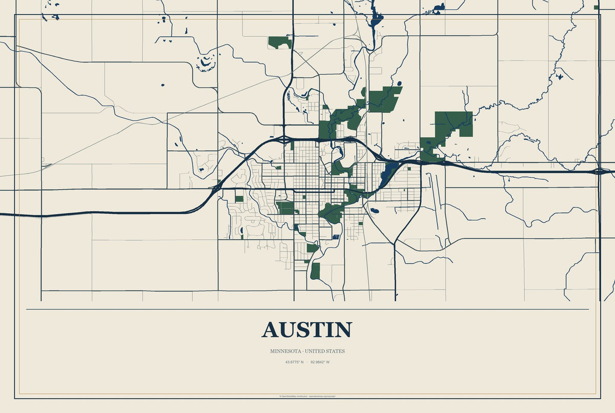 Austin, Minnesota City Map Aluminum Sign in Coastal Cutout style