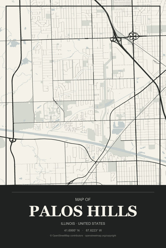 Palos Hills, Illinois City Map Aluminum Sign in Museum Plaque style