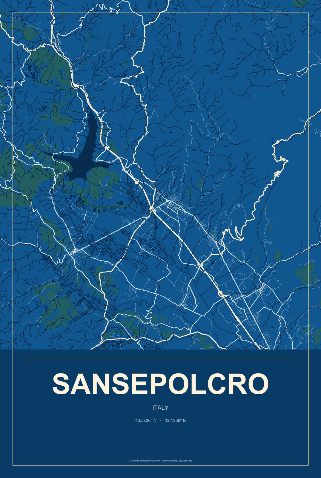Sansepolcro, Italy City Map Aluminum Sign in Harbor Cobalt style