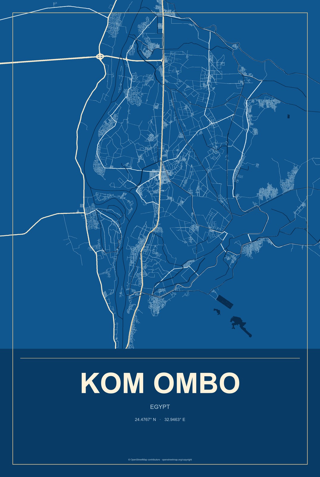 Kom Ombo, Egypt City Map Aluminum Sign in Harbor Cobalt style