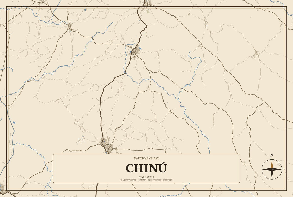 Chinú, Colombia City Map Aluminum Sign in Heritage Nautical style