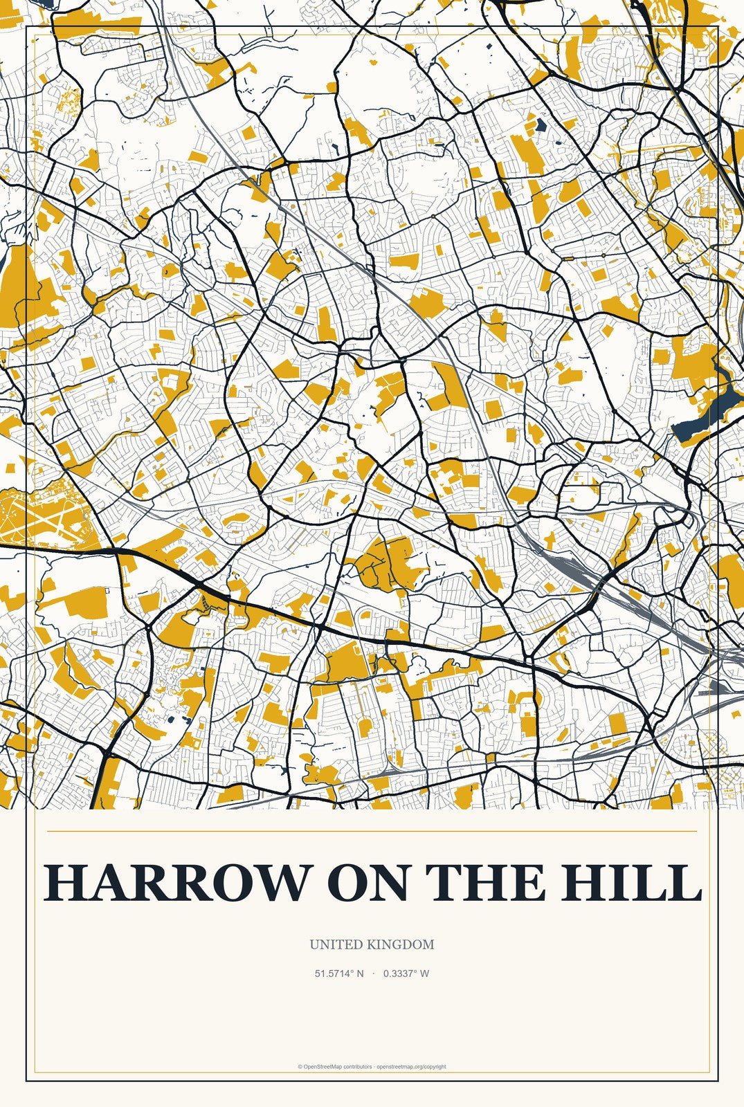 Harrow on the Hill, United Kingdom City Map Aluminum Sign in Citrine Modern style
