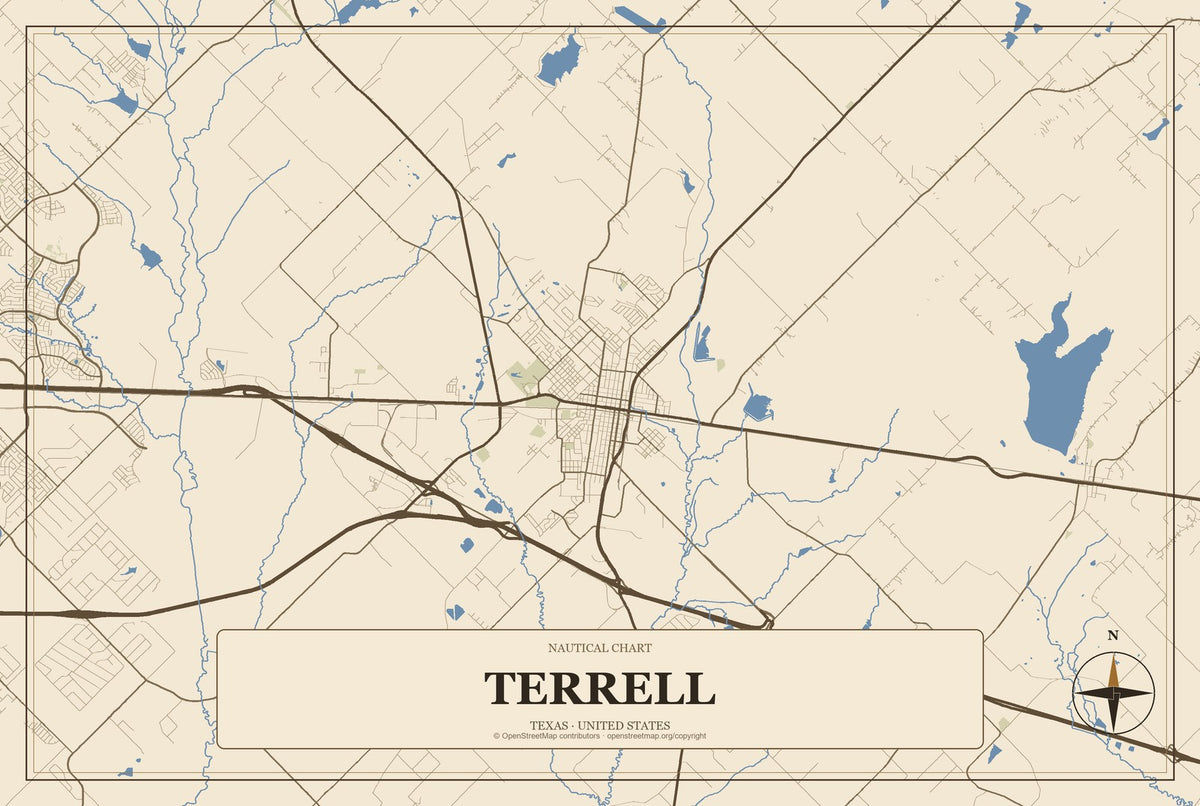 Terrell, Texas City Map Aluminum Sign in Heritage Nautical style
