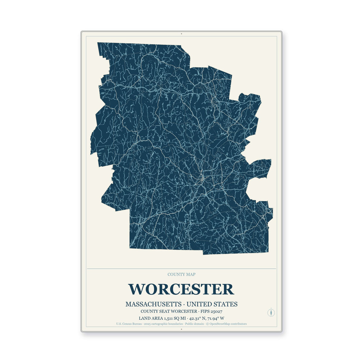 Worcester County, Massachusetts Map Aluminum Sign in Coastal Cutout style
