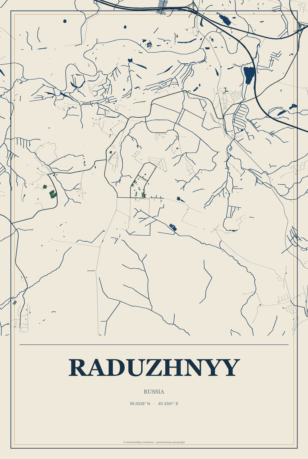 Raduzhnyy, Kirov Oblast, Russia City Map Aluminum Sign in Coastal Cutout style