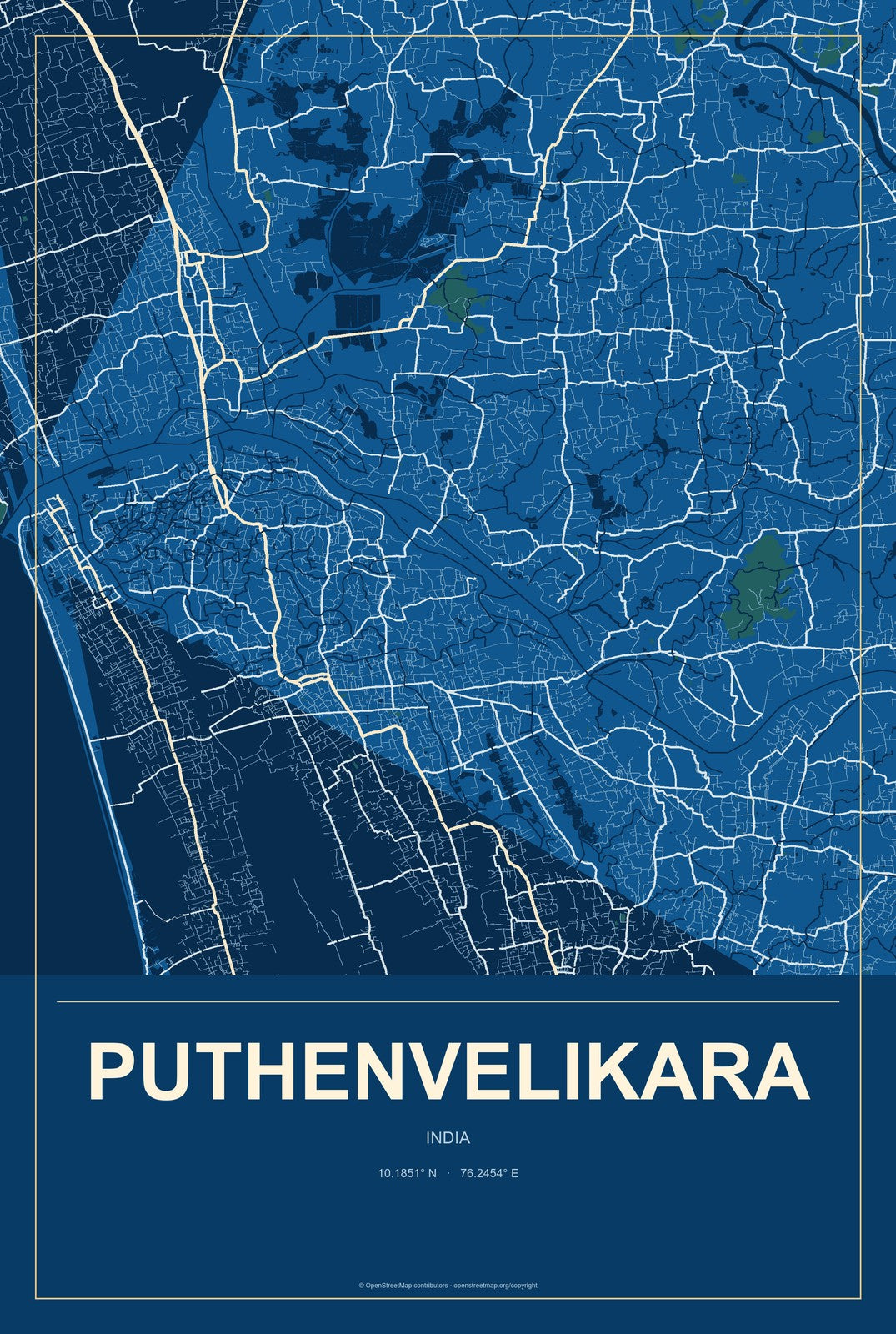 Puthenvelikara, India City Map Aluminum Sign in Harbor Cobalt style