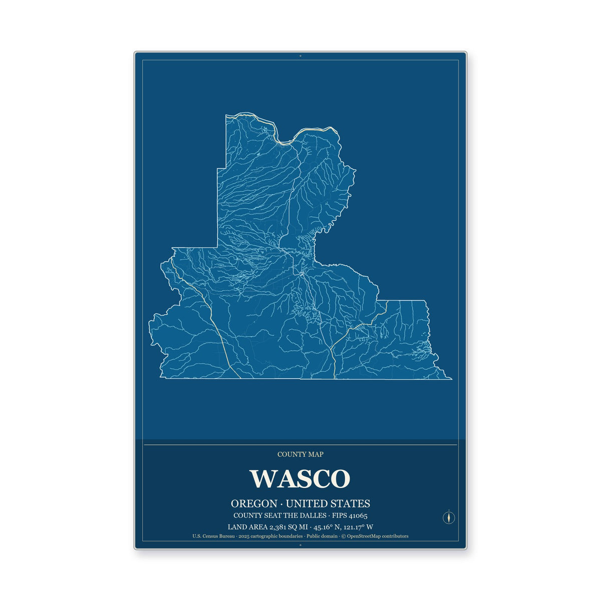 Wasco County, Oregon Map Aluminum Sign in Harbor Cobalt style