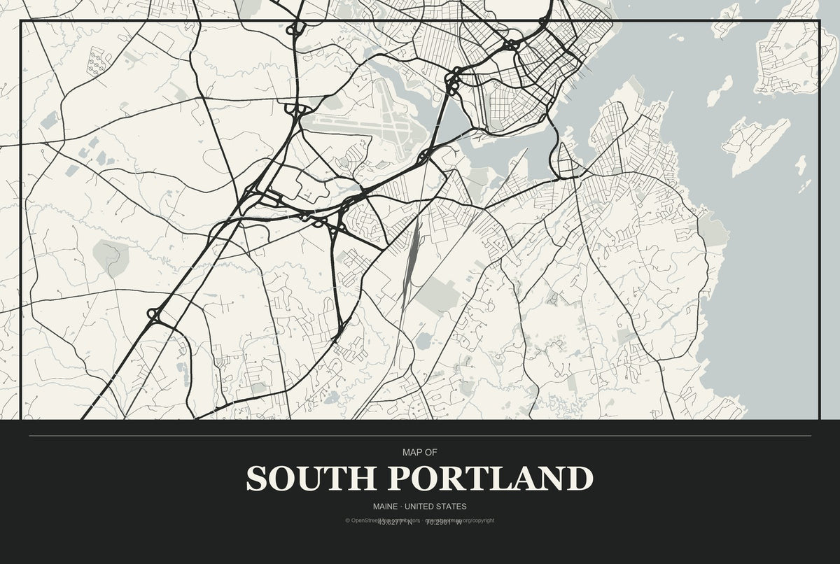 South Portland, Maine City Map Aluminum Sign in Museum Plaque style