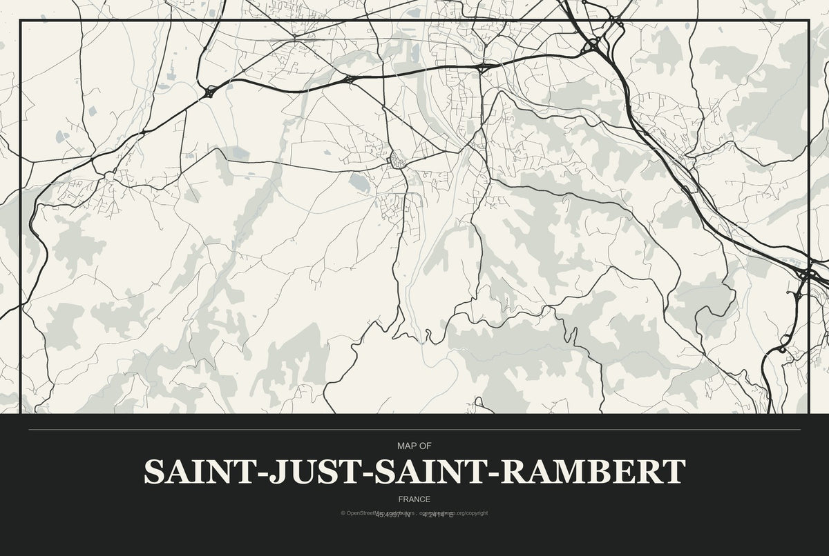 Saint-Just-Saint-Rambert, France City Map Aluminum Sign in Museum Plaque style