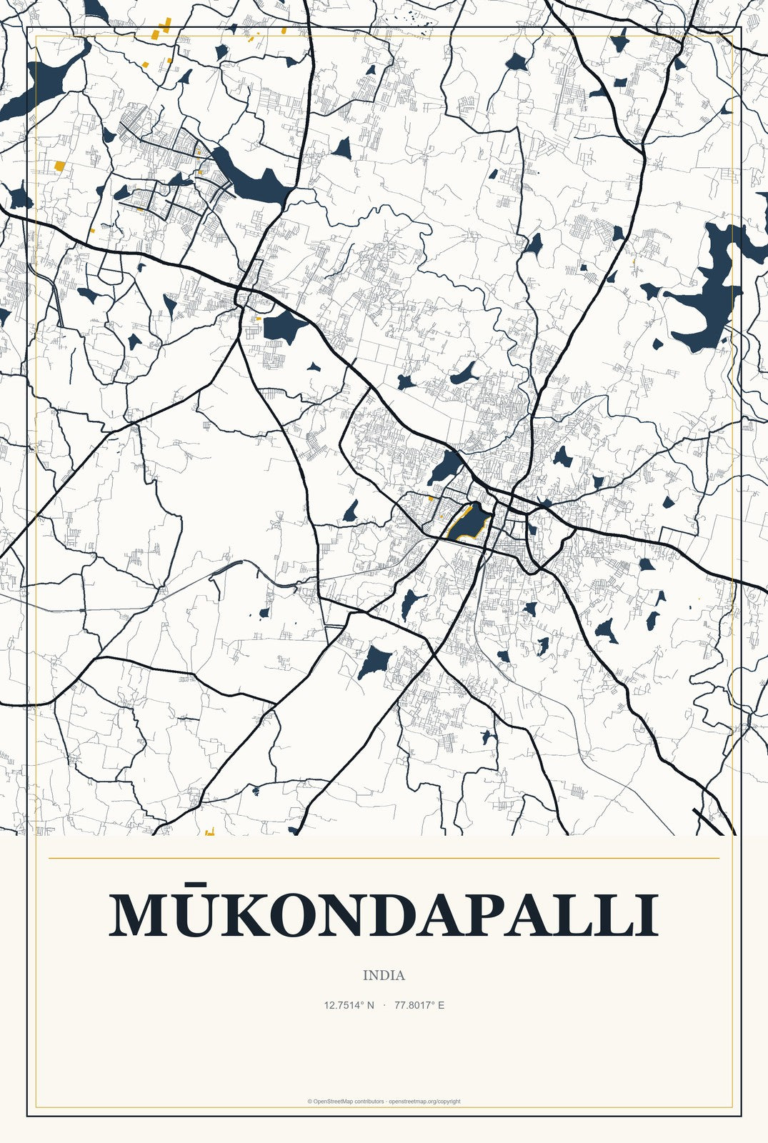 Mūkondapalli, India City Map Aluminum Sign in Citrine Modern style