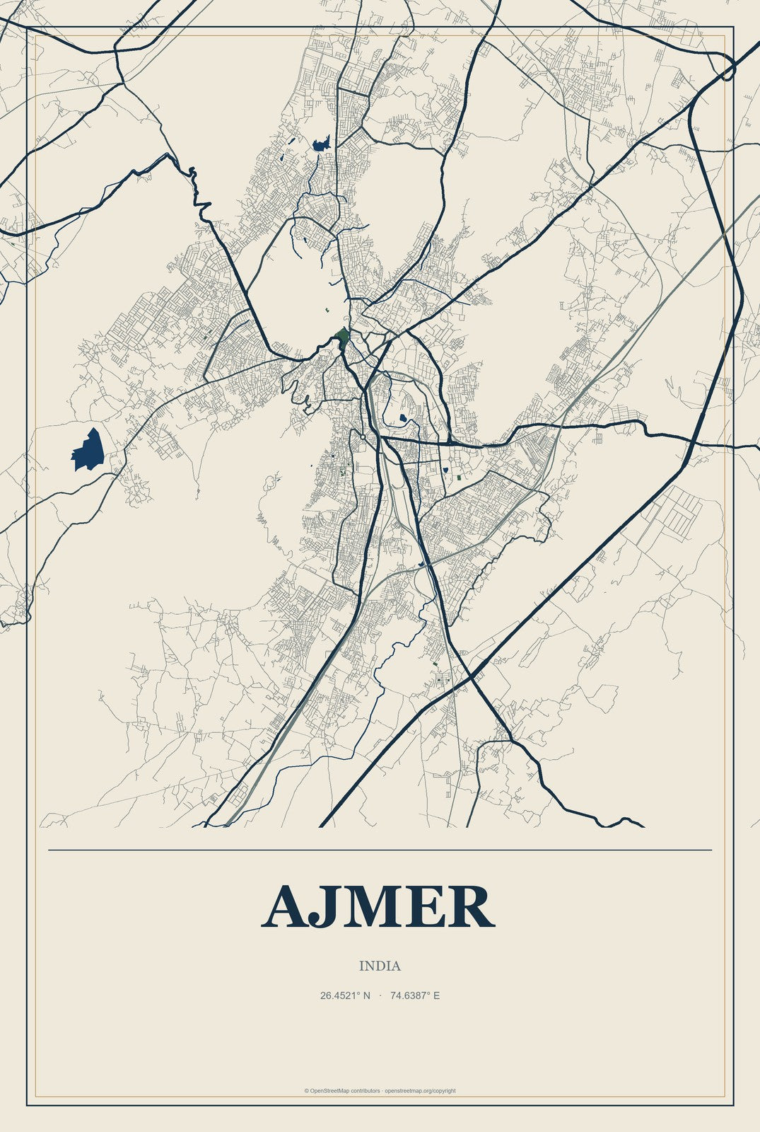 Ajmer, India City Map Aluminum Sign in Coastal Cutout style