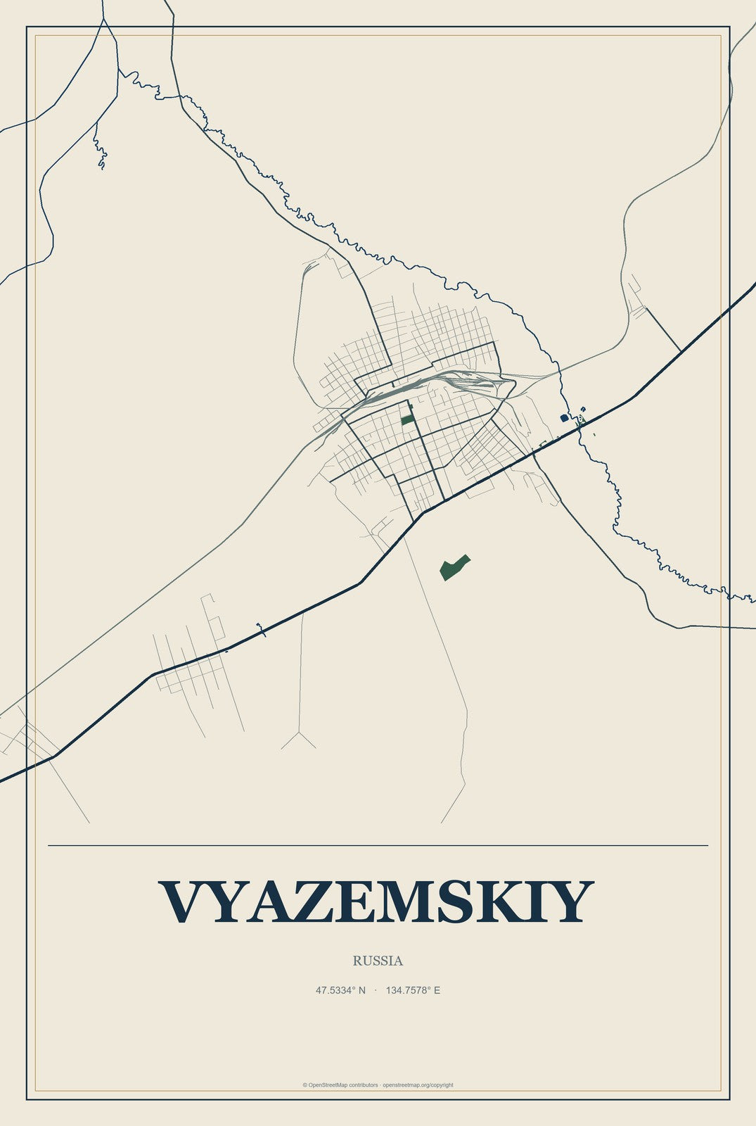 Vyazemskiy, Russia City Map Aluminum Sign in Coastal Cutout style