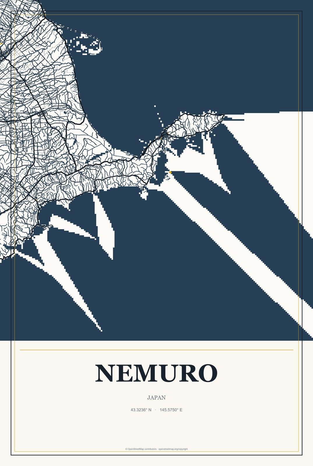 Nemuro, Japan City Map Aluminum Sign in Citrine Modern style