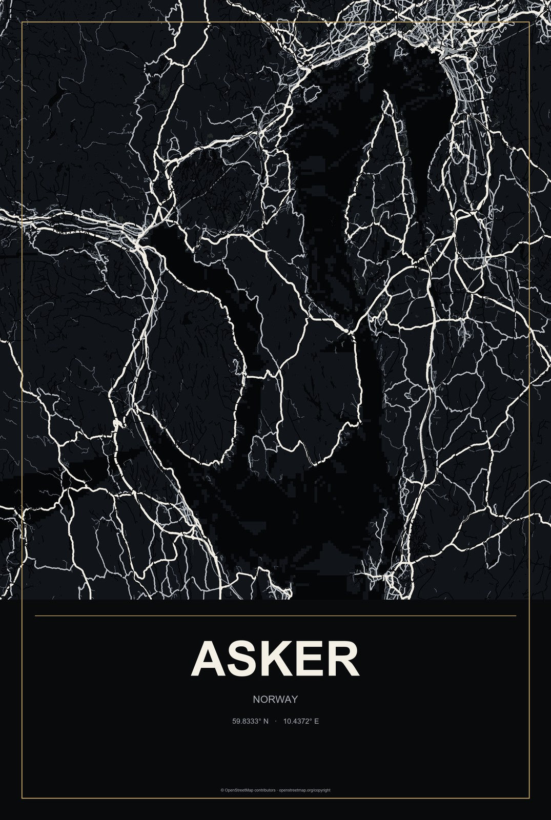 Asker, Norway City Map Aluminum Sign in Metropolitan Noir style