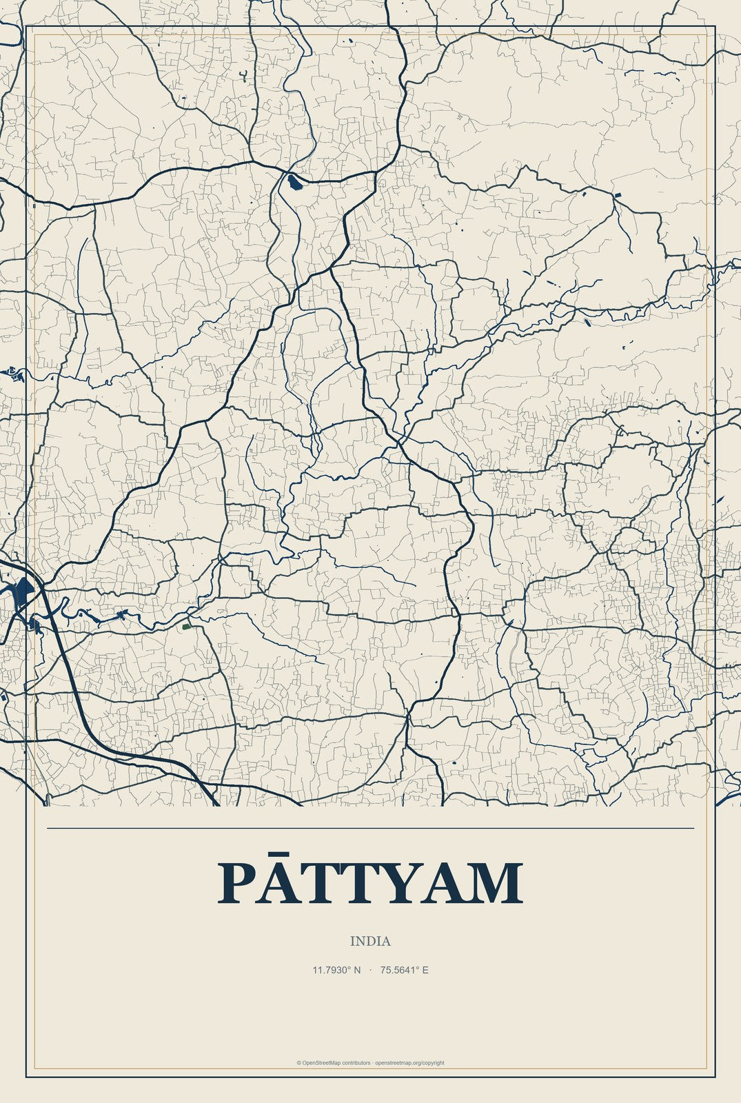 Pāttyam, India City Map Aluminum Sign in Coastal Cutout style