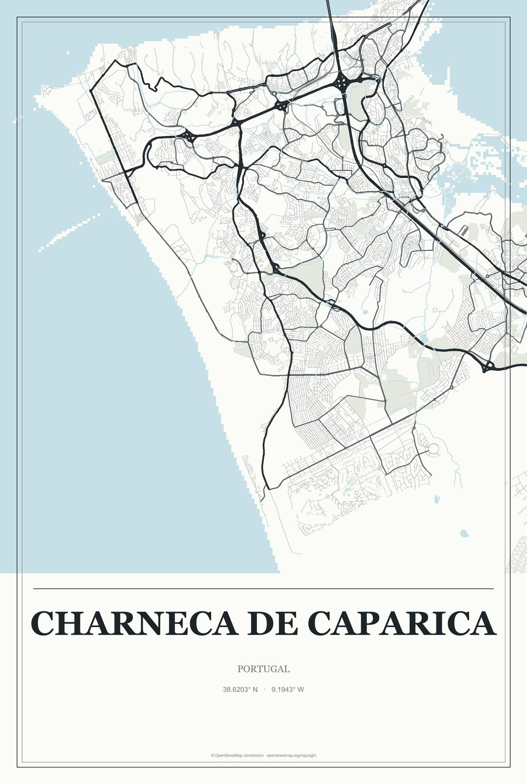 Charneca de Caparica, Portugal City Map Aluminum Sign in Gallery Air style