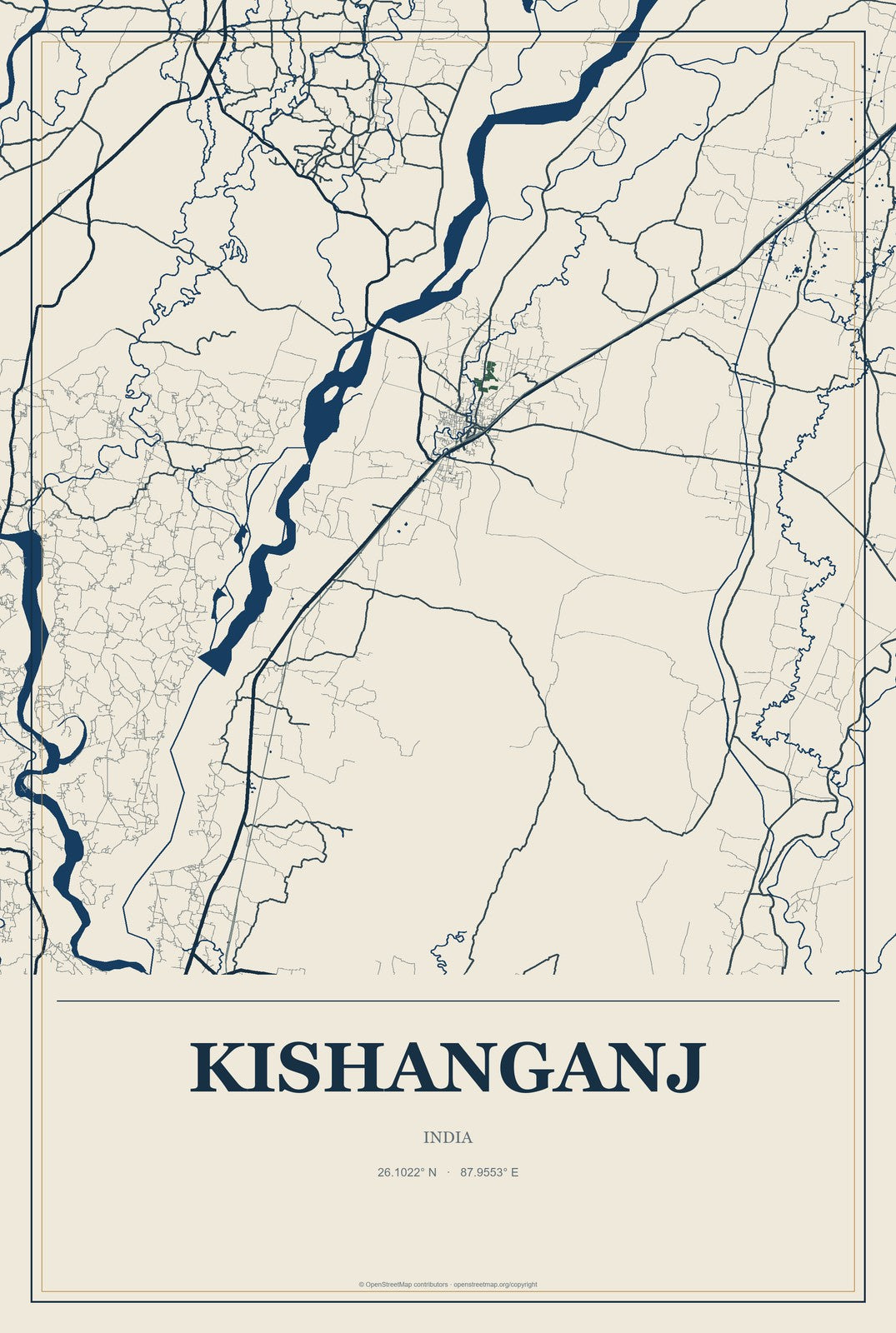 Kishanganj, India City Map Aluminum Sign in Coastal Cutout style