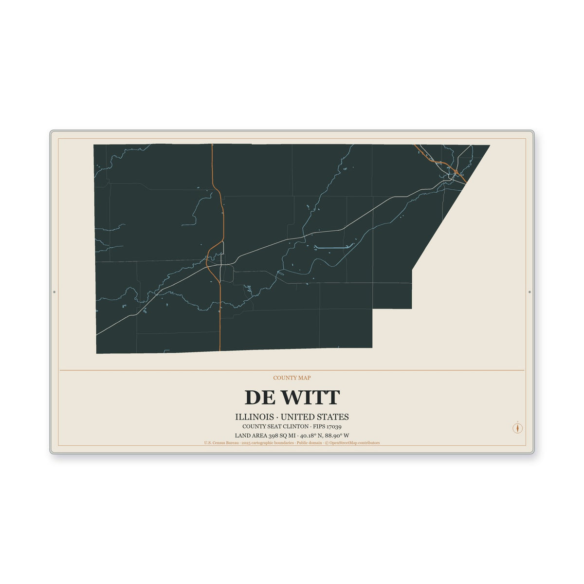 De Witt County, Illinois Map Aluminum Sign in Headline Atlas style
