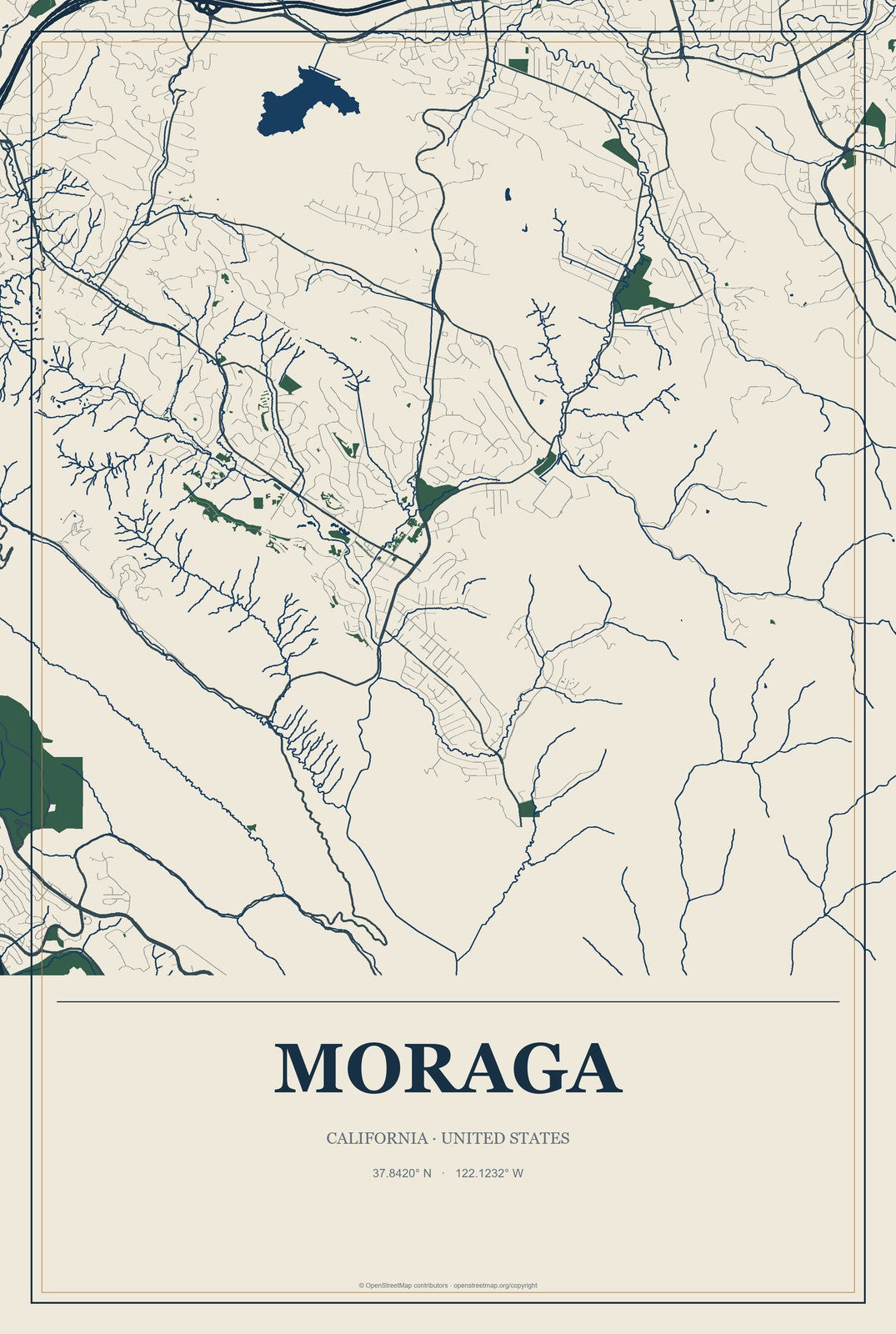 Moraga, California City Map Aluminum Sign in Coastal Cutout style