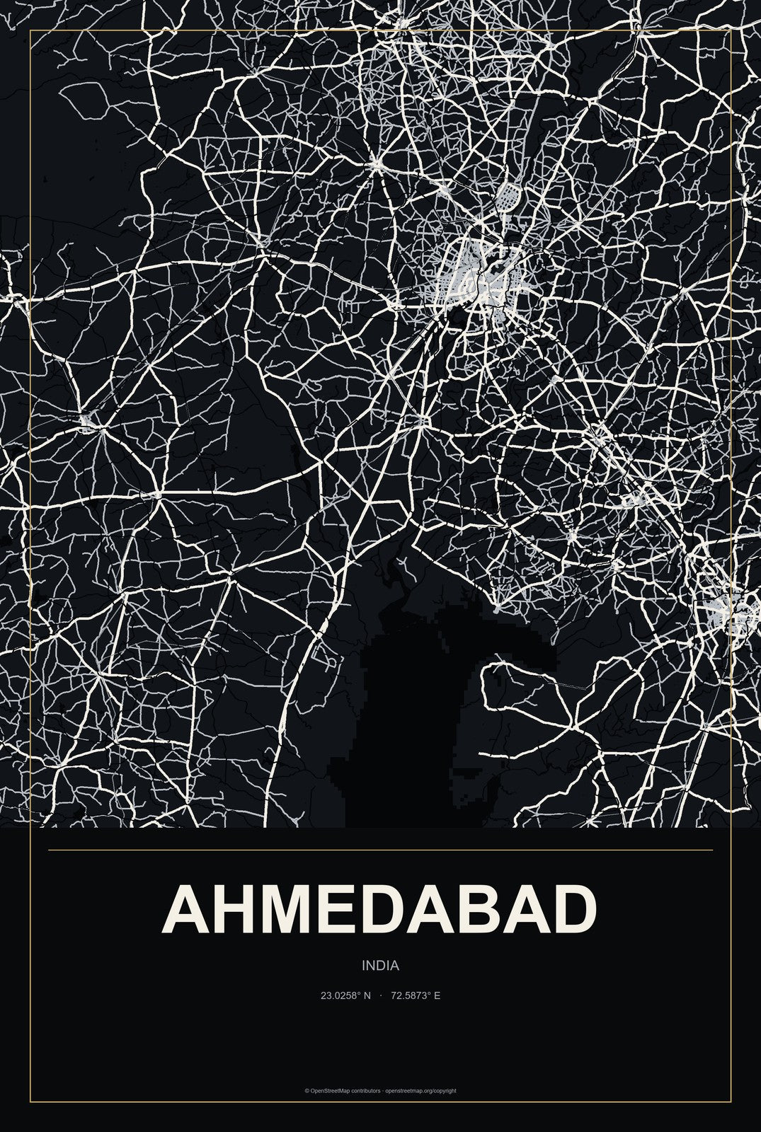 Ahmedabad, India City Map Aluminum Sign in Metropolitan Noir style