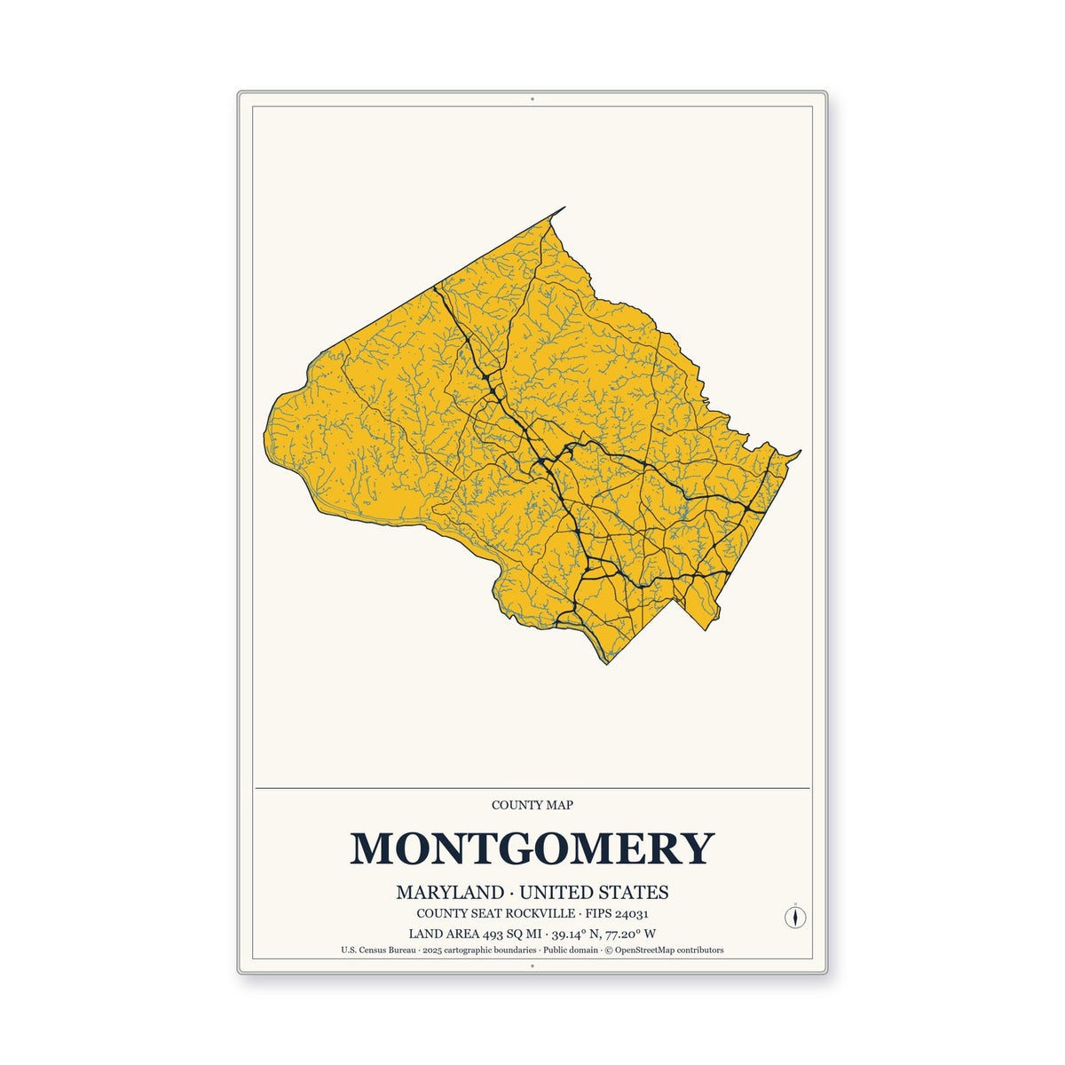Montgomery County, Maryland Map Aluminum Sign in Citrine Modern style