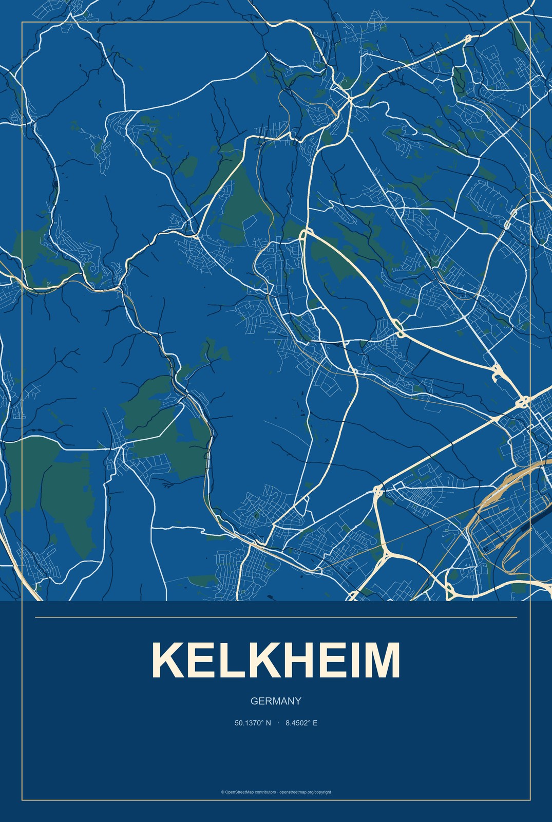 Kelkheim, Germany City Map Aluminum Sign in Harbor Cobalt style