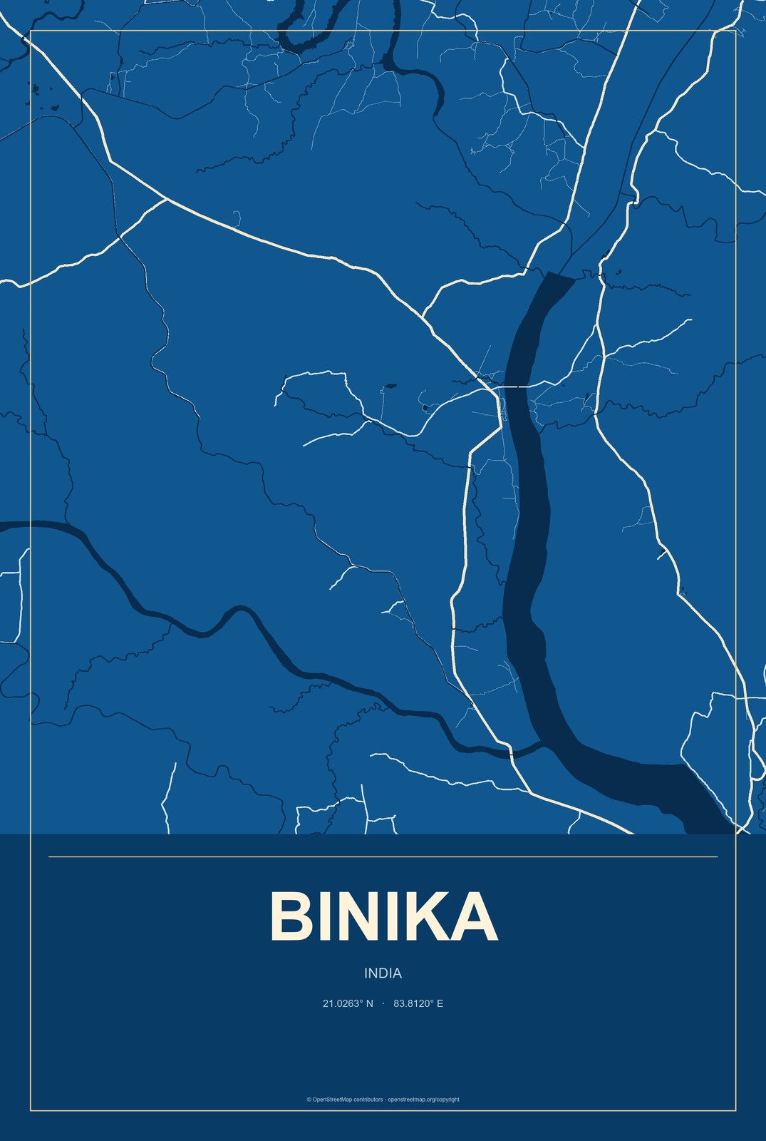 Binika, India City Map Aluminum Sign in Harbor Cobalt style