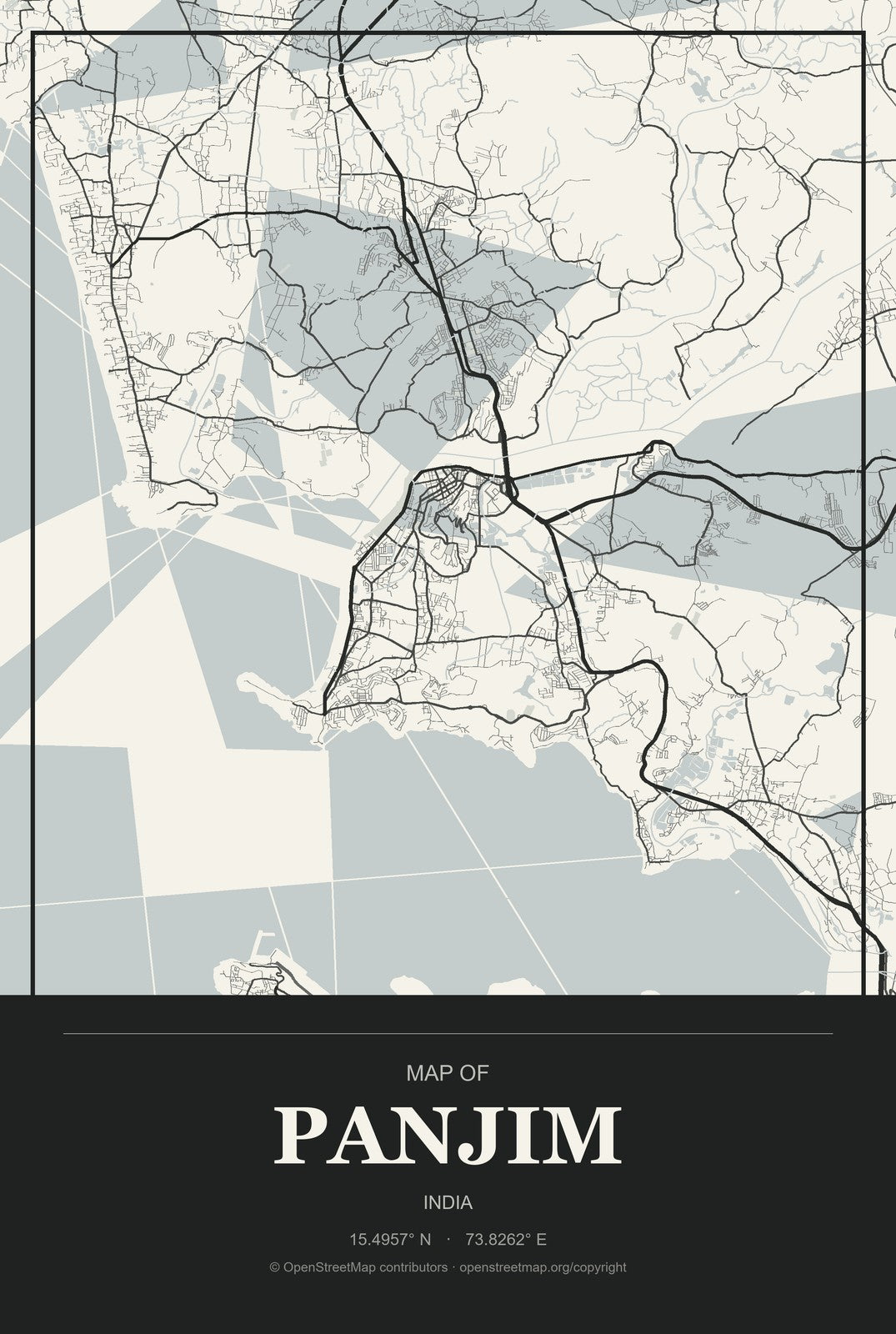 Panjim, India City Map Aluminum Sign in Museum Plaque style