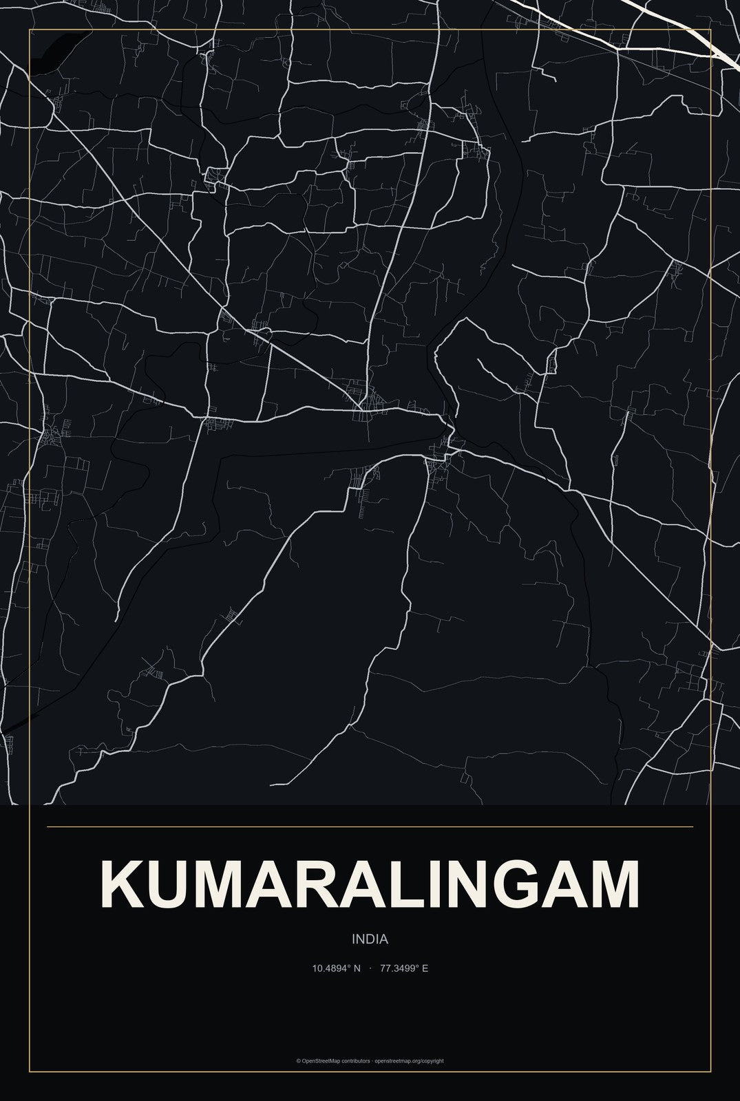 Kumaralingam, India City Map Aluminum Sign in Metropolitan Noir style