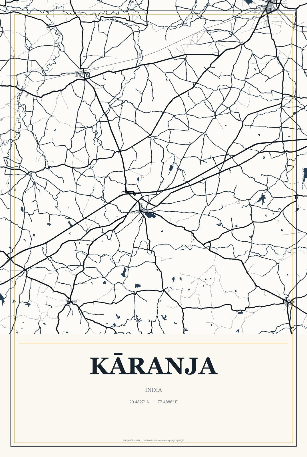 Kāranja, India City Map Aluminum Sign in Citrine Modern style