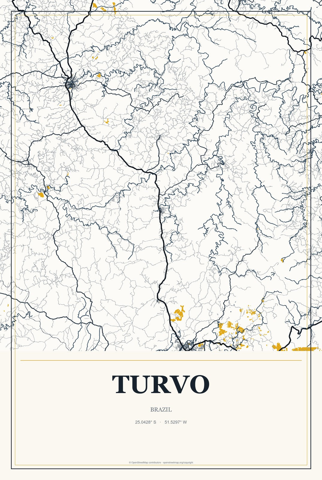 Turvo, Paraná, Brazil City Map Aluminum Sign in Citrine Modern style