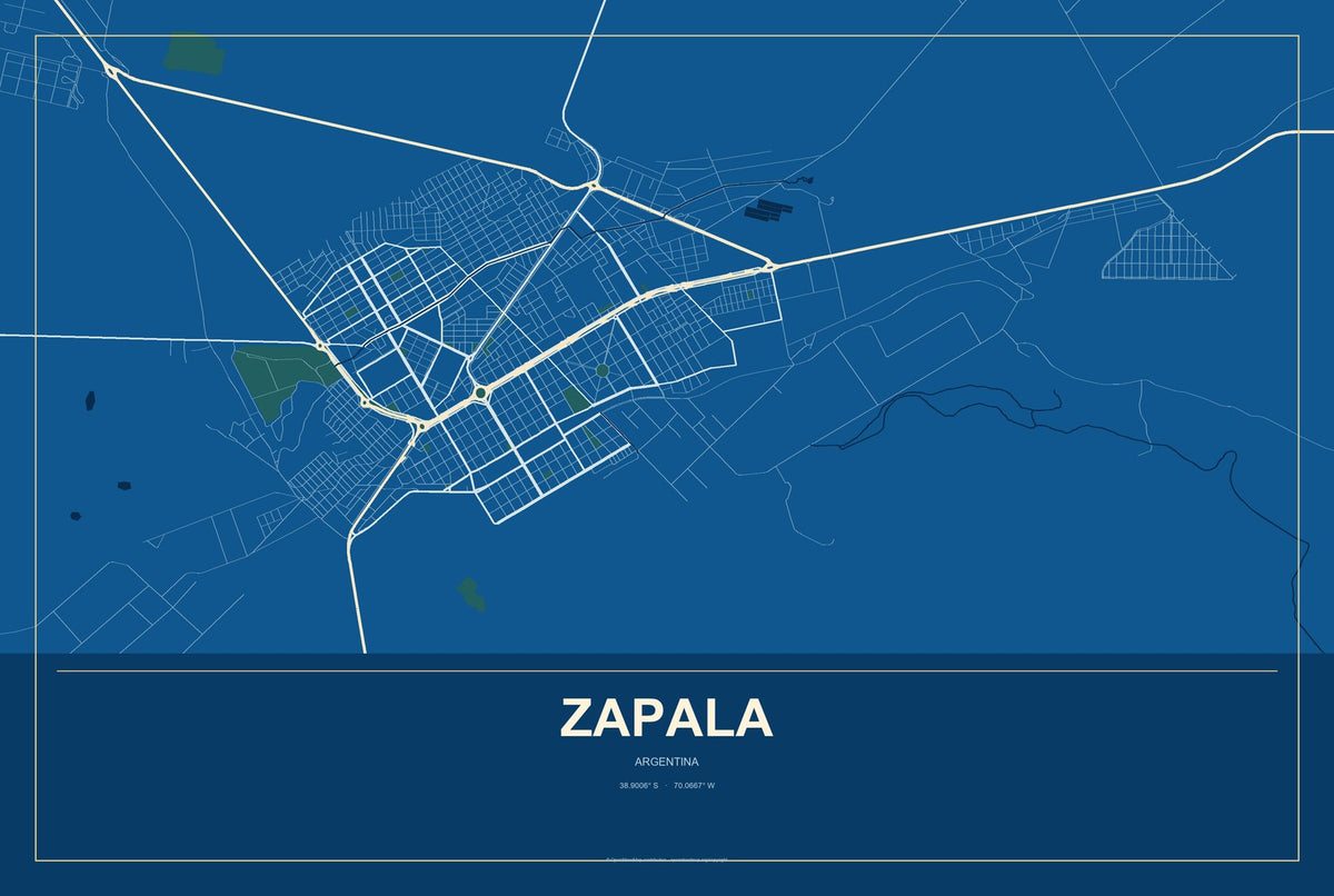 Zapala, Argentina City Map Aluminum Sign in Harbor Cobalt style