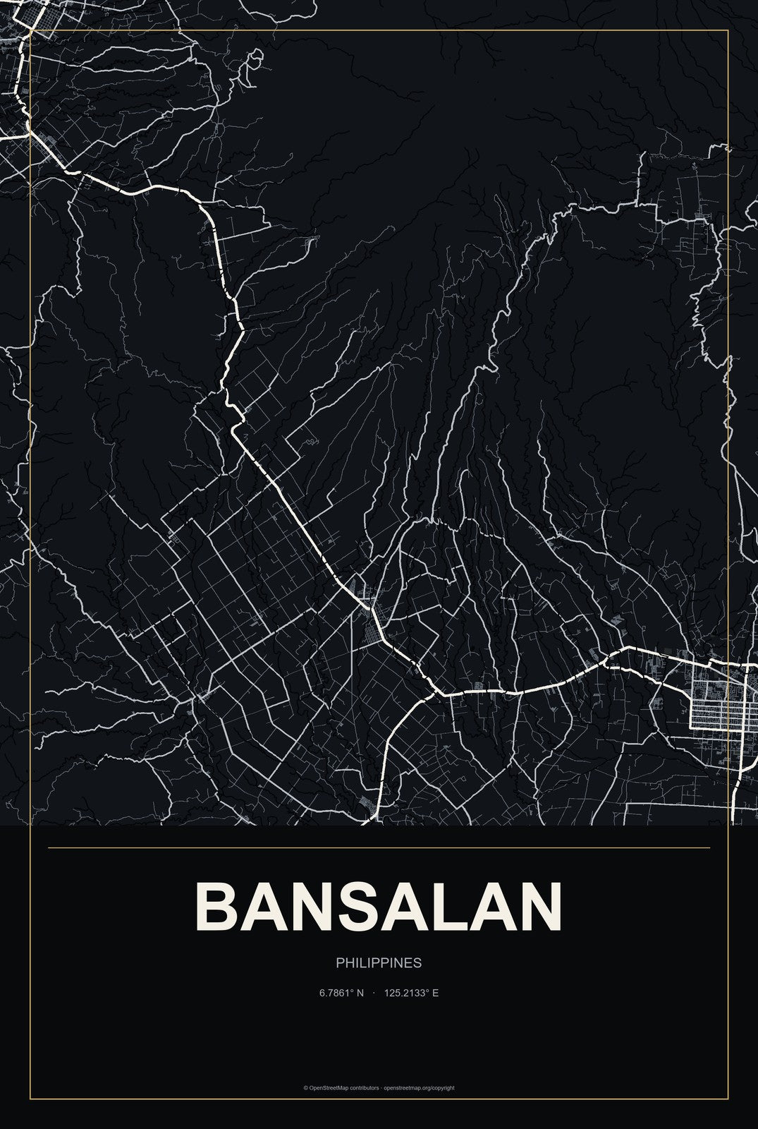 Bansalan, Philippines City Map Aluminum Sign in Metropolitan Noir style