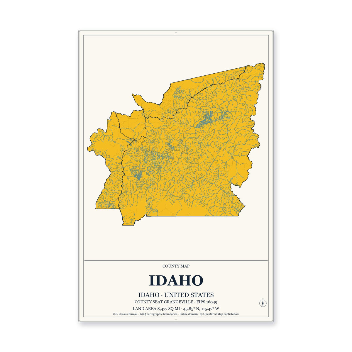Idaho County, Idaho Map Aluminum Sign in Citrine Modern style