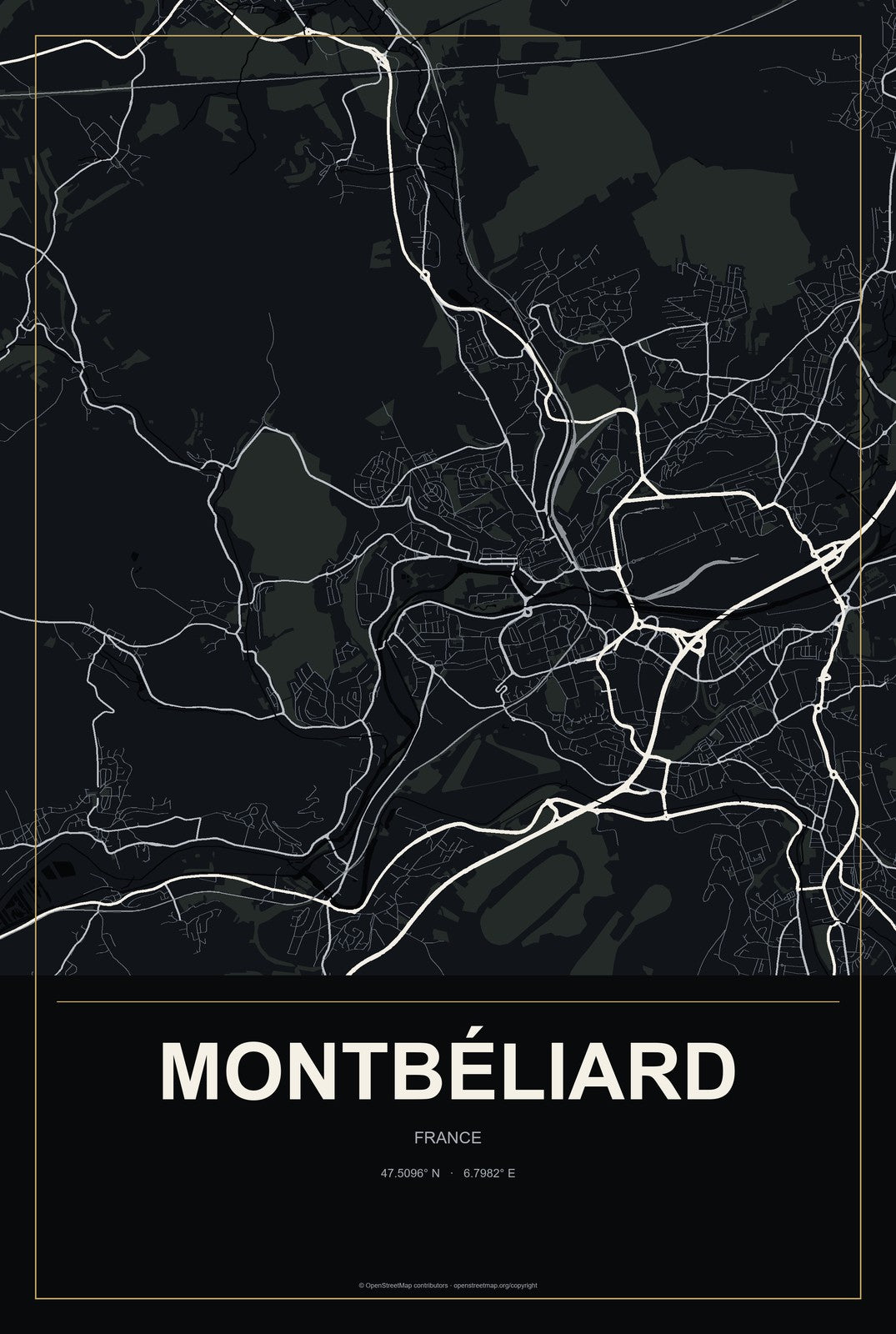 Montbéliard, France City Map Aluminum Sign in Metropolitan Noir style