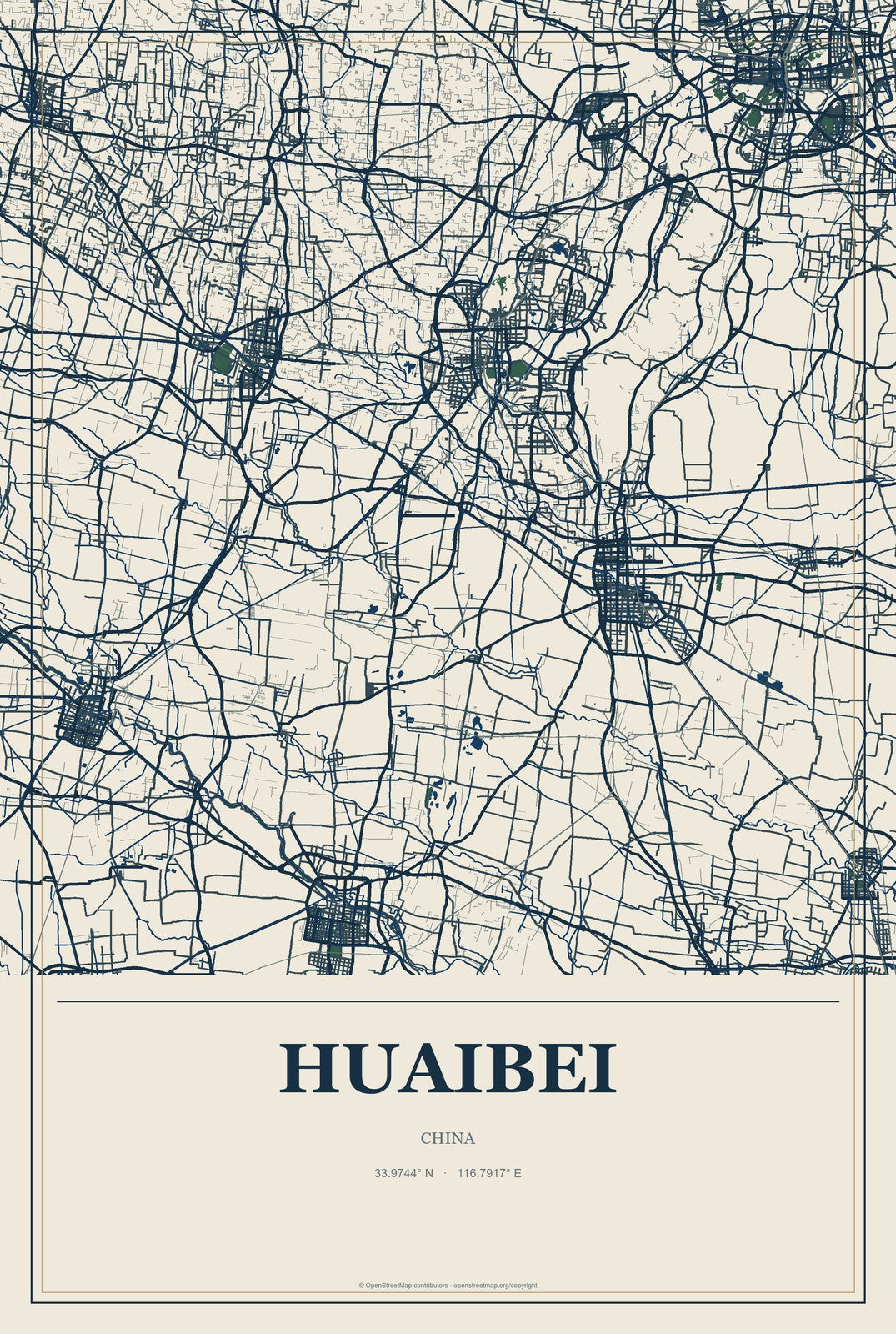 Huaibei, China City Map Aluminum Sign in Coastal Cutout style