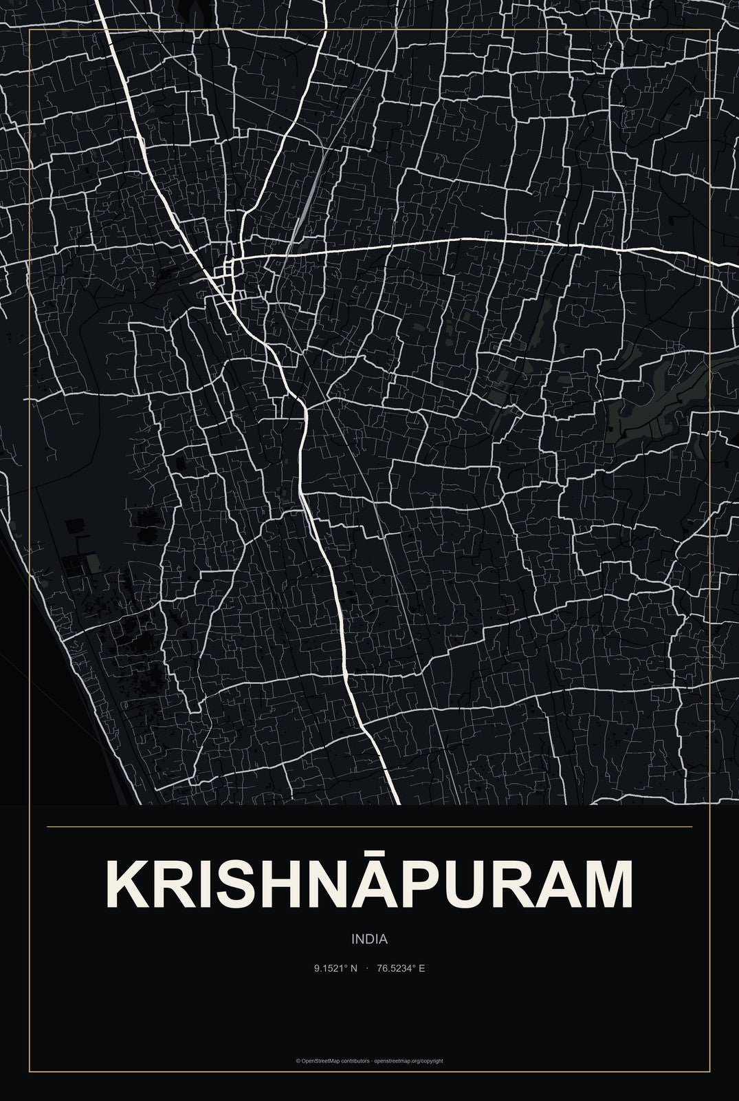 Krishnāpuram, India City Map Aluminum Sign in Metropolitan Noir style