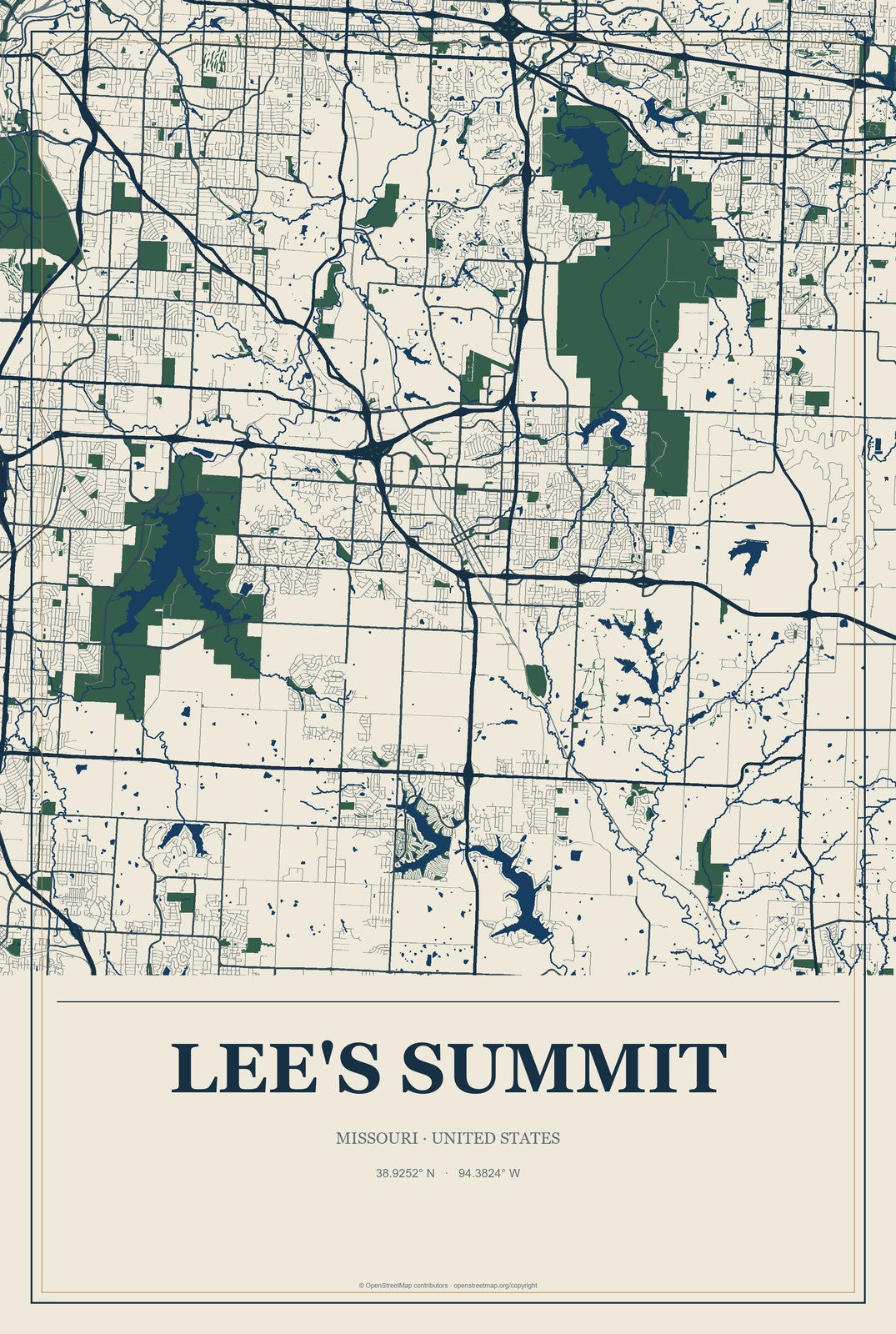 Lee's Summit, Missouri City Map Aluminum Sign in Coastal Cutout style