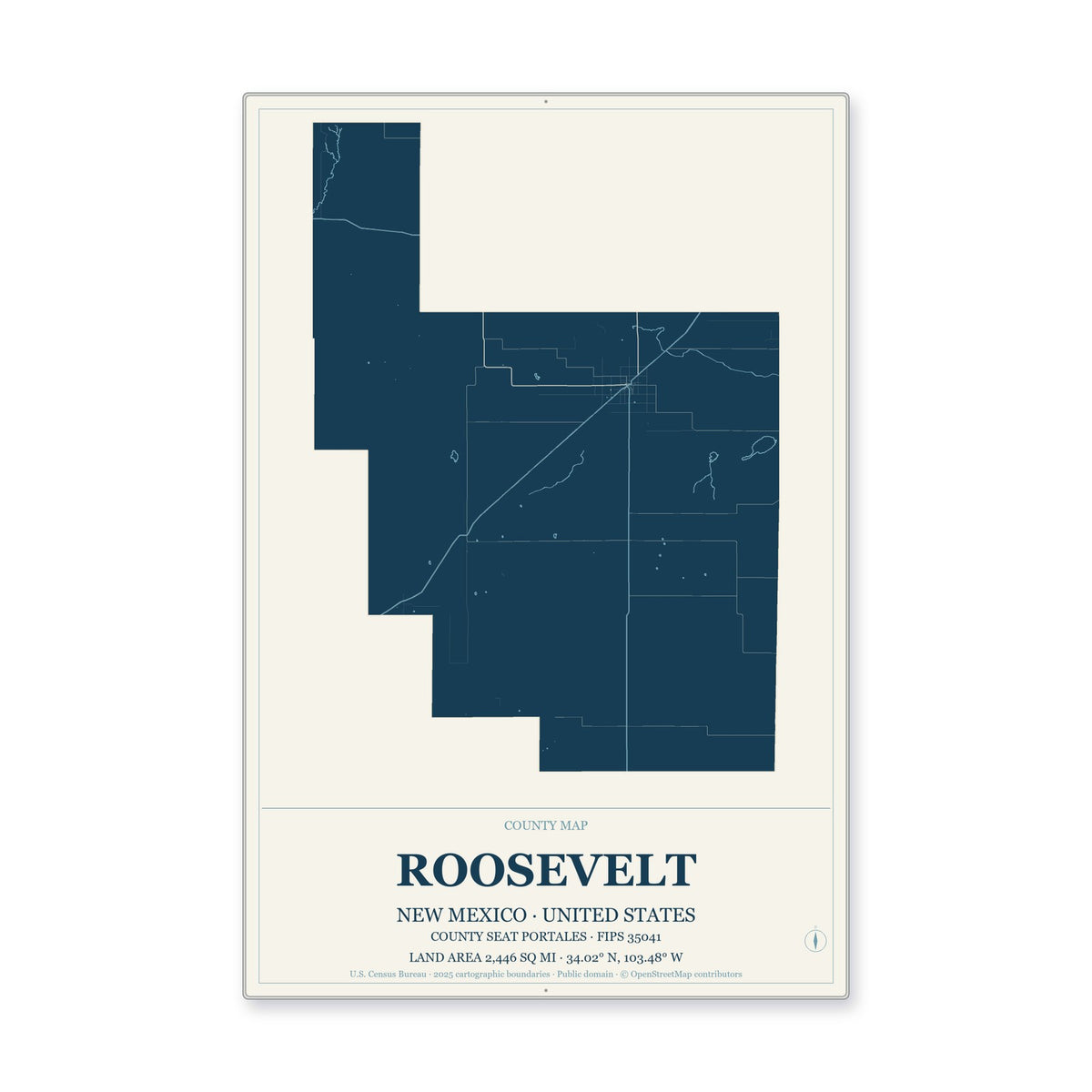 Roosevelt County, New Mexico Map Aluminum Sign in Coastal Cutout style