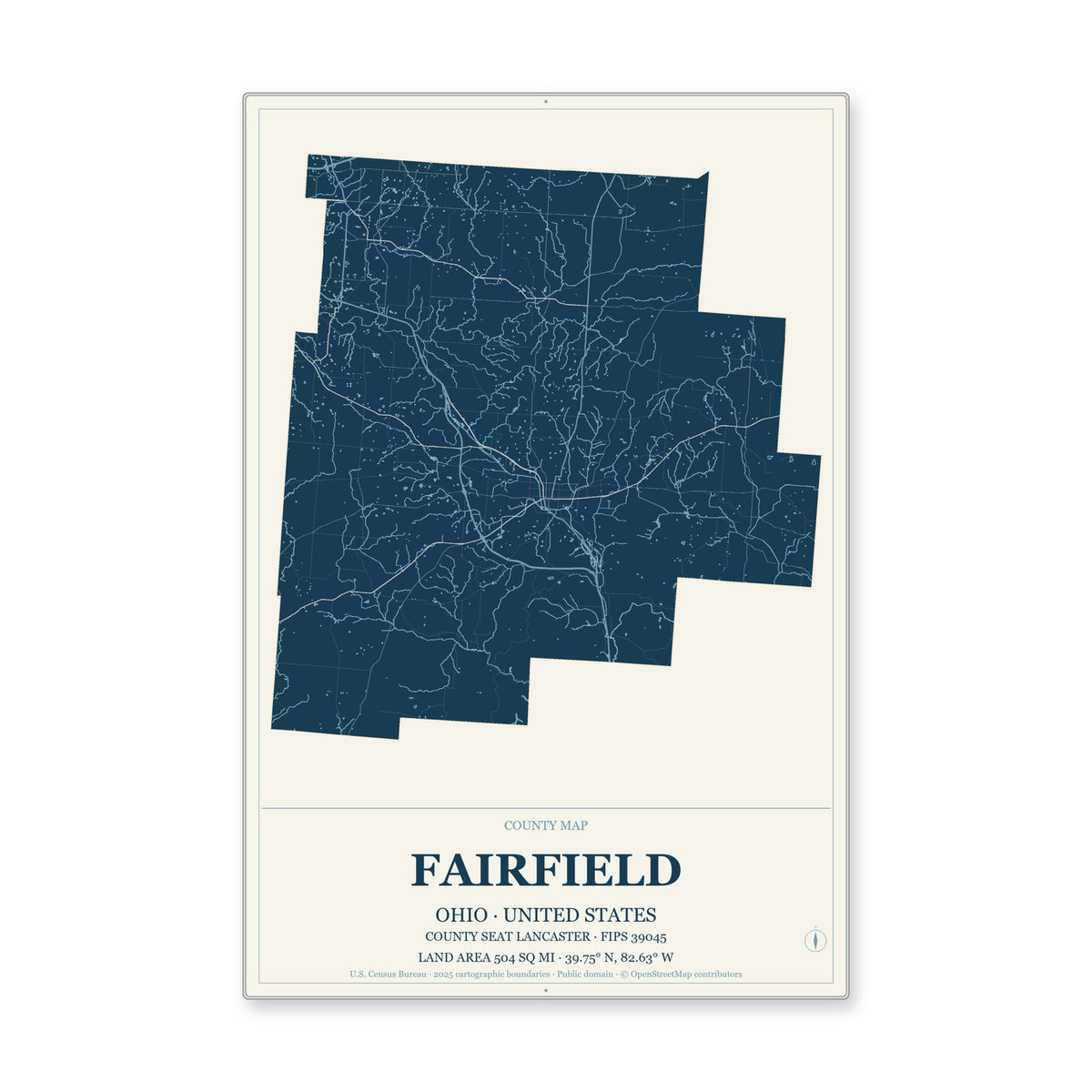 Fairfield County, Ohio Map Aluminum Sign in Coastal Cutout style