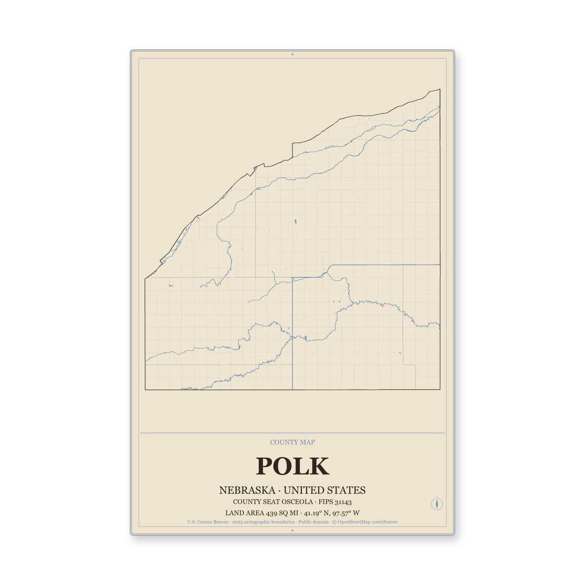 Polk County, Nebraska Map Aluminum Sign in Heritage Nautical style
