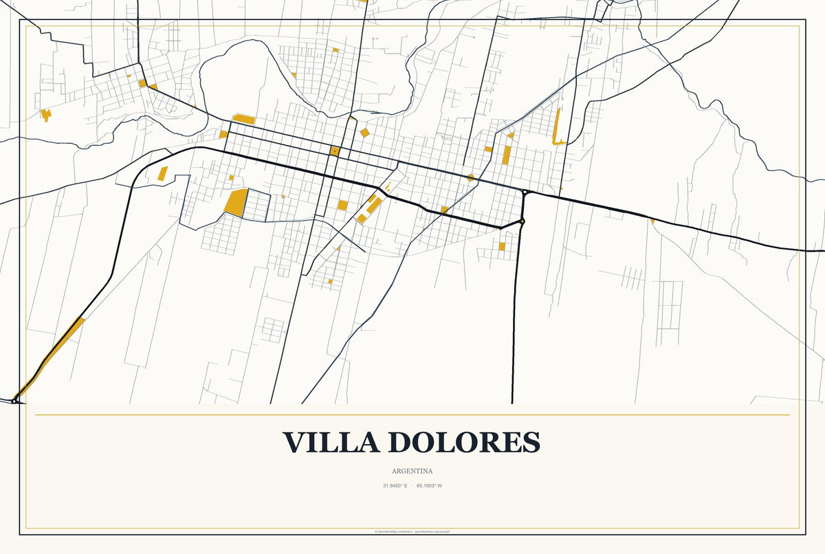 Villa Dolores, Argentina City Map Aluminum Sign in Citrine Modern style