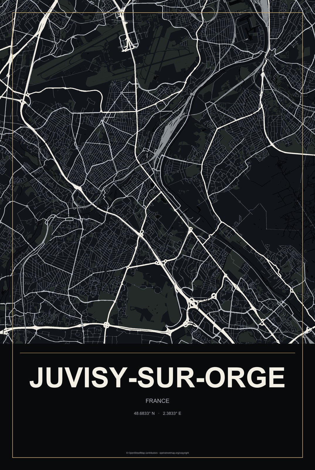 Juvisy-sur-Orge, France City Map Aluminum Sign in Metropolitan Noir style