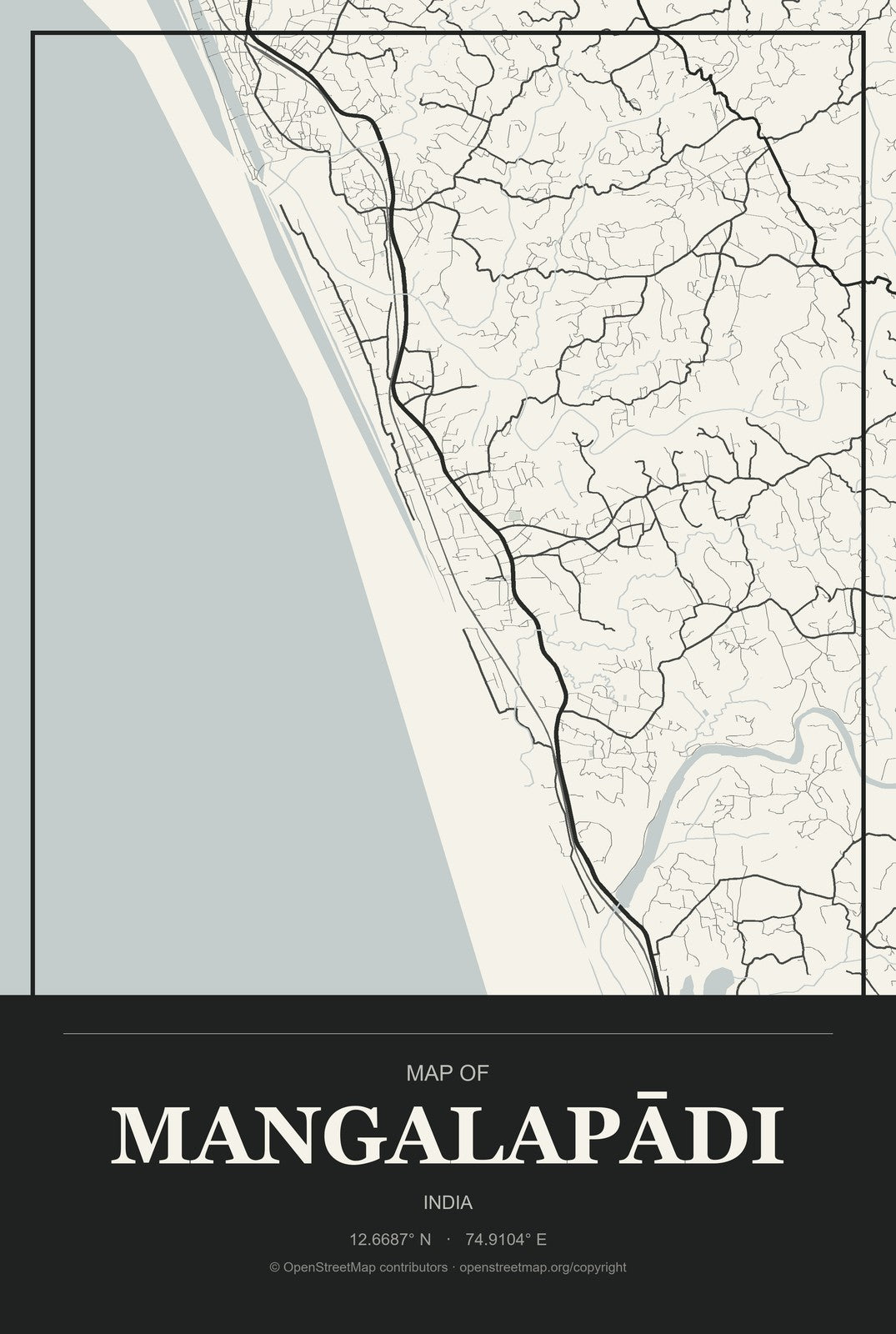 Mangalapādi, India City Map Aluminum Sign in Museum Plaque style