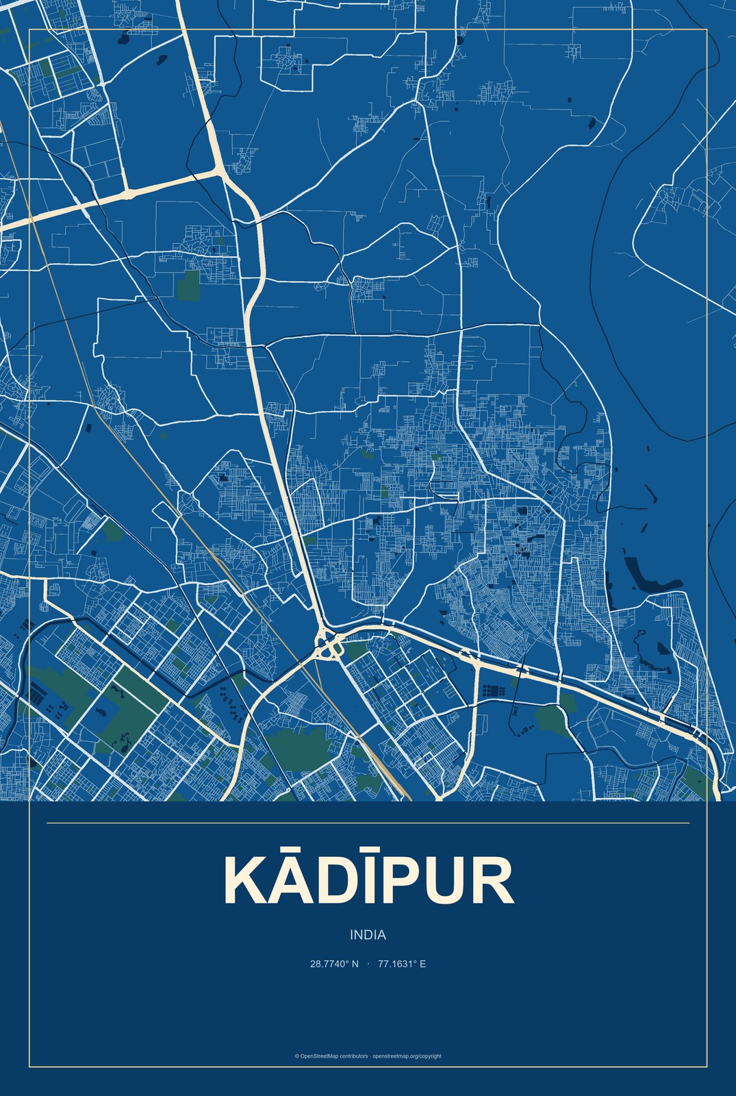 Kādīpur, India City Map Aluminum Sign in Harbor Cobalt style