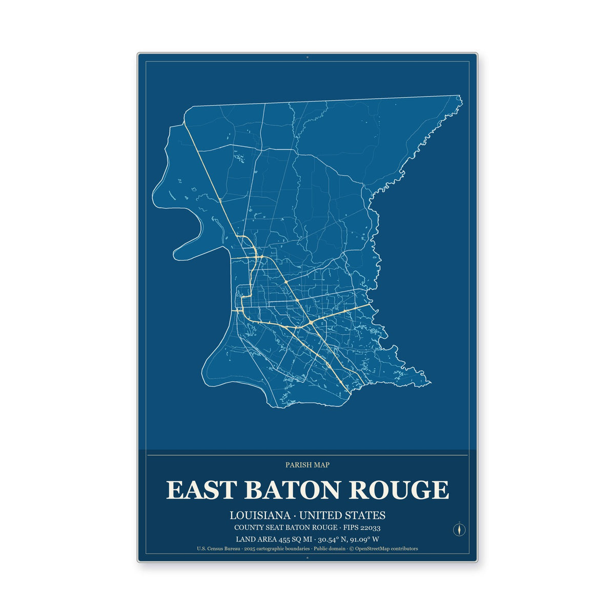East Baton Rouge Parish, Louisiana Map Aluminum Sign in Harbor Cobalt style